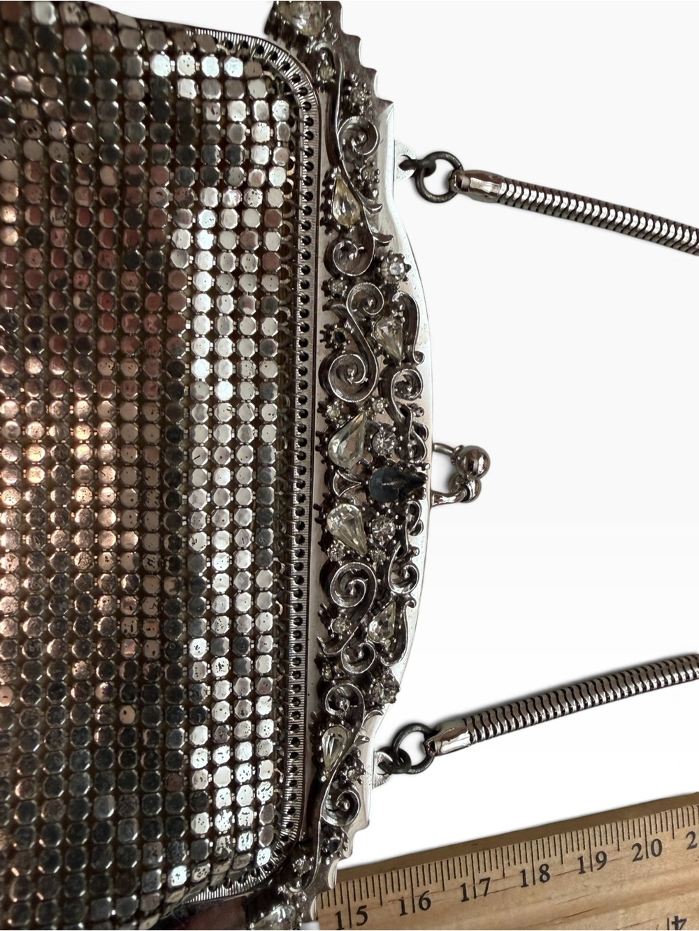 Whiting and Davis vintage silver mesh bag with rhinestone trim - Picture 3 of 8
